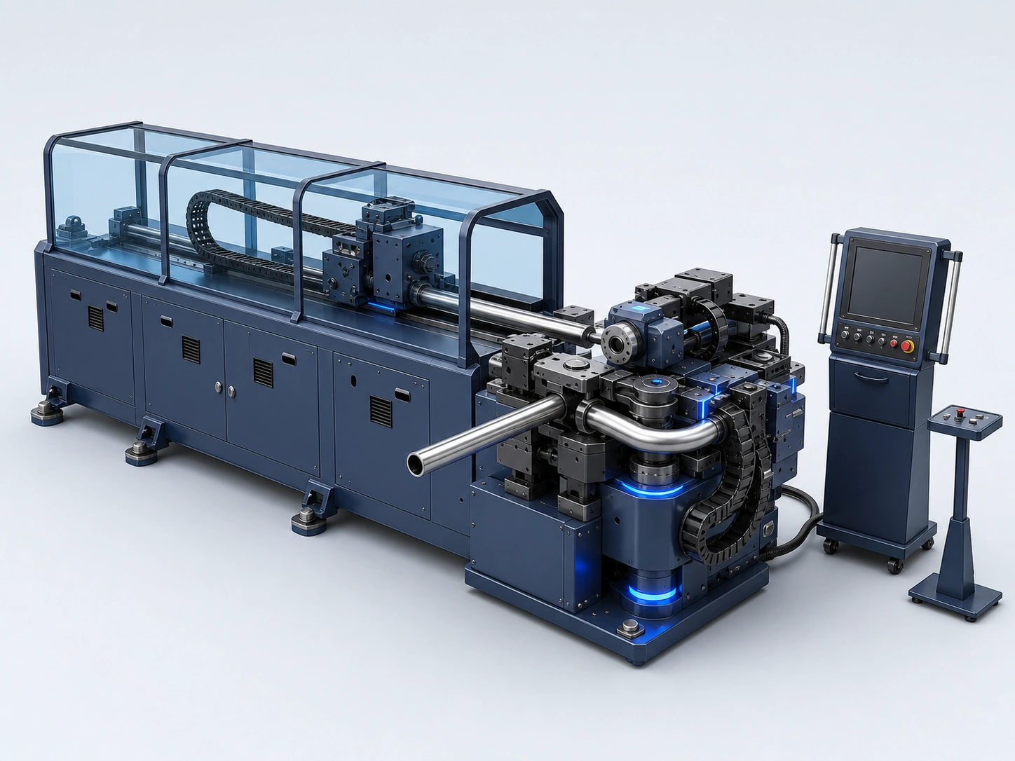 직선 배관을 이송하고 회전해 구부리는 Auto Bending Machine의 3D 교육용 일러스트
