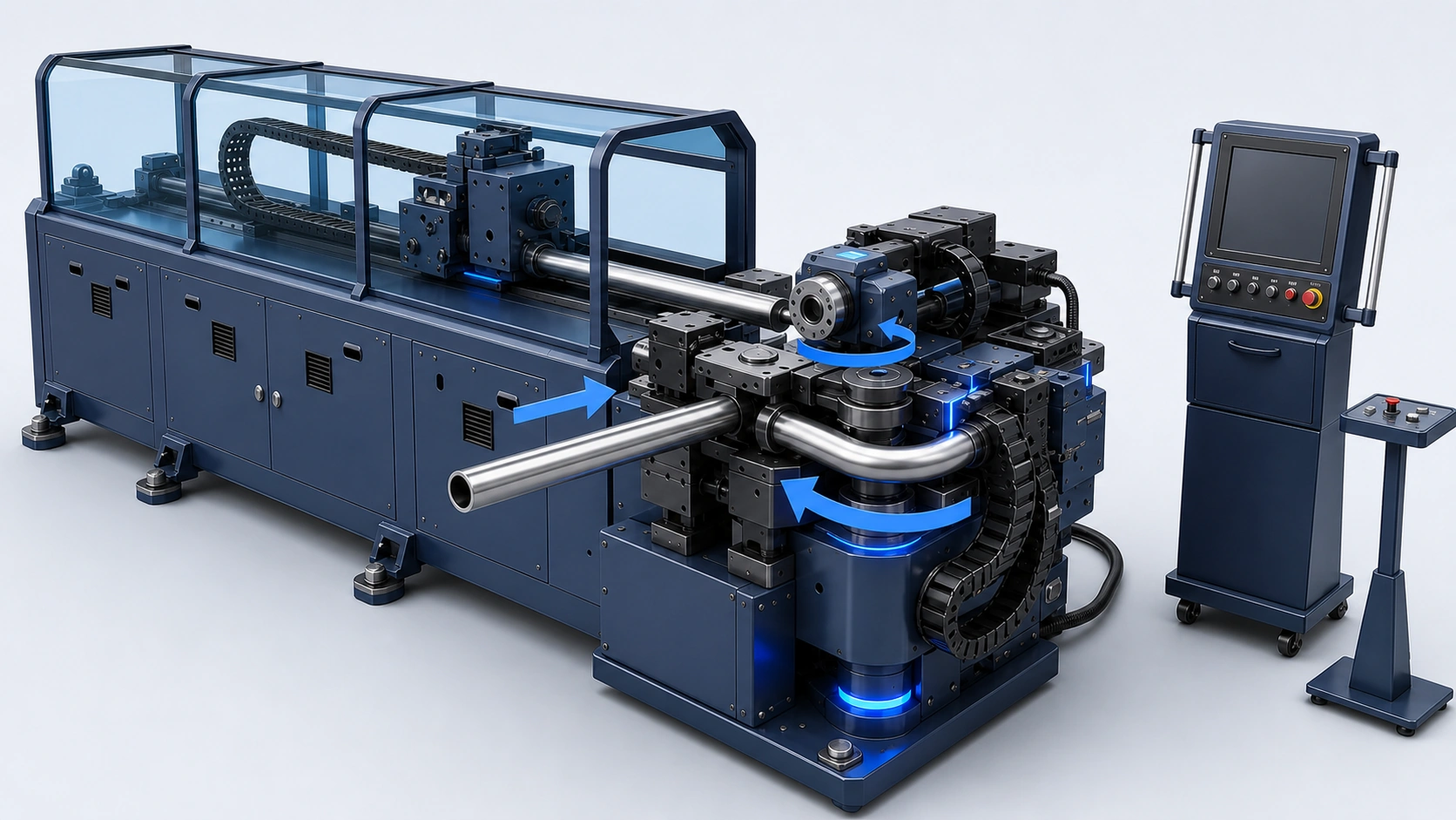 Auto Bending Machine이 배관을 이송 회전 벤딩하는 3D 교육용 일러스트