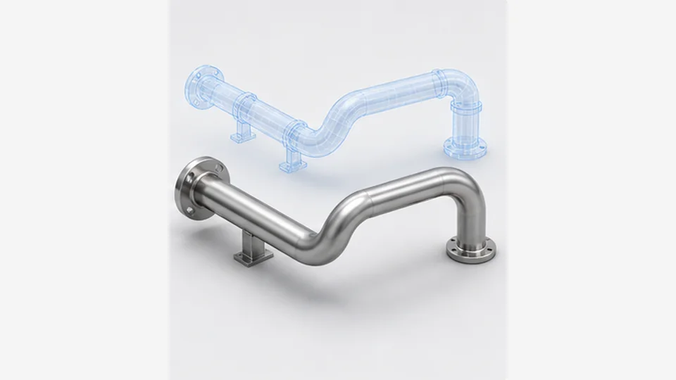설계 형상과 ABM 벤딩을 마친 완성 배관을 비교하는 3D 교육용 일러스트
