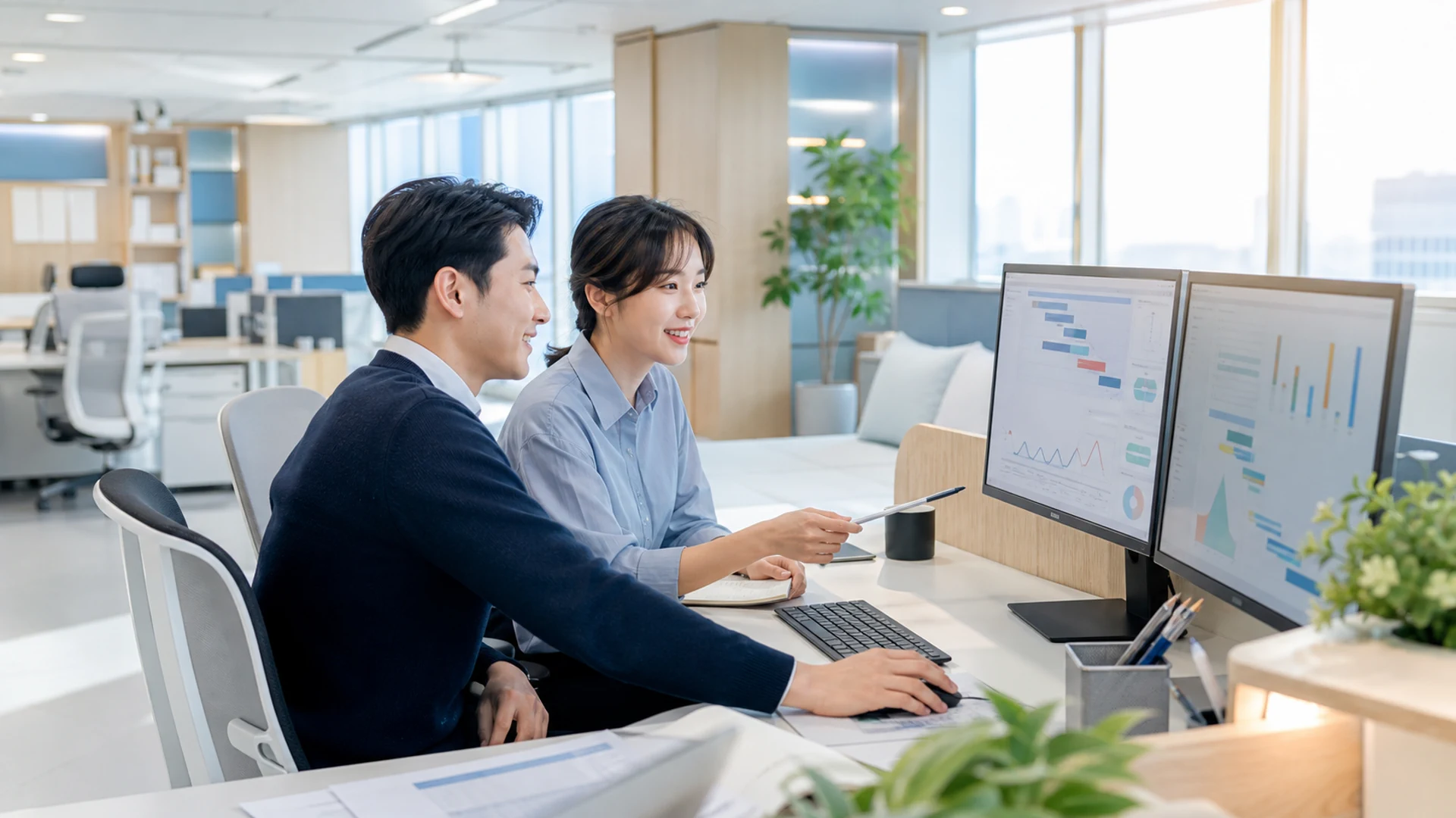 밝은 본사 사무실에서 여러 프로젝트의 계약 범위와 실행 기준을 검토하는 가상의 업무 장면