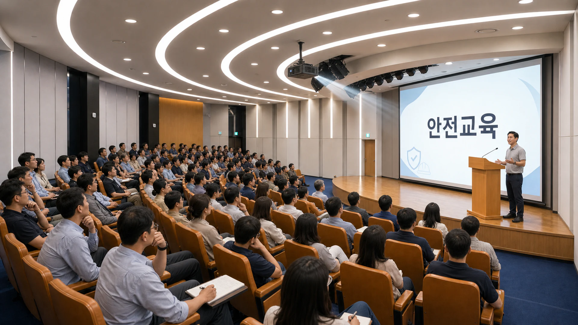 강당에서 많은 현장 구성원이 정기안전보건교육을 듣는 모습