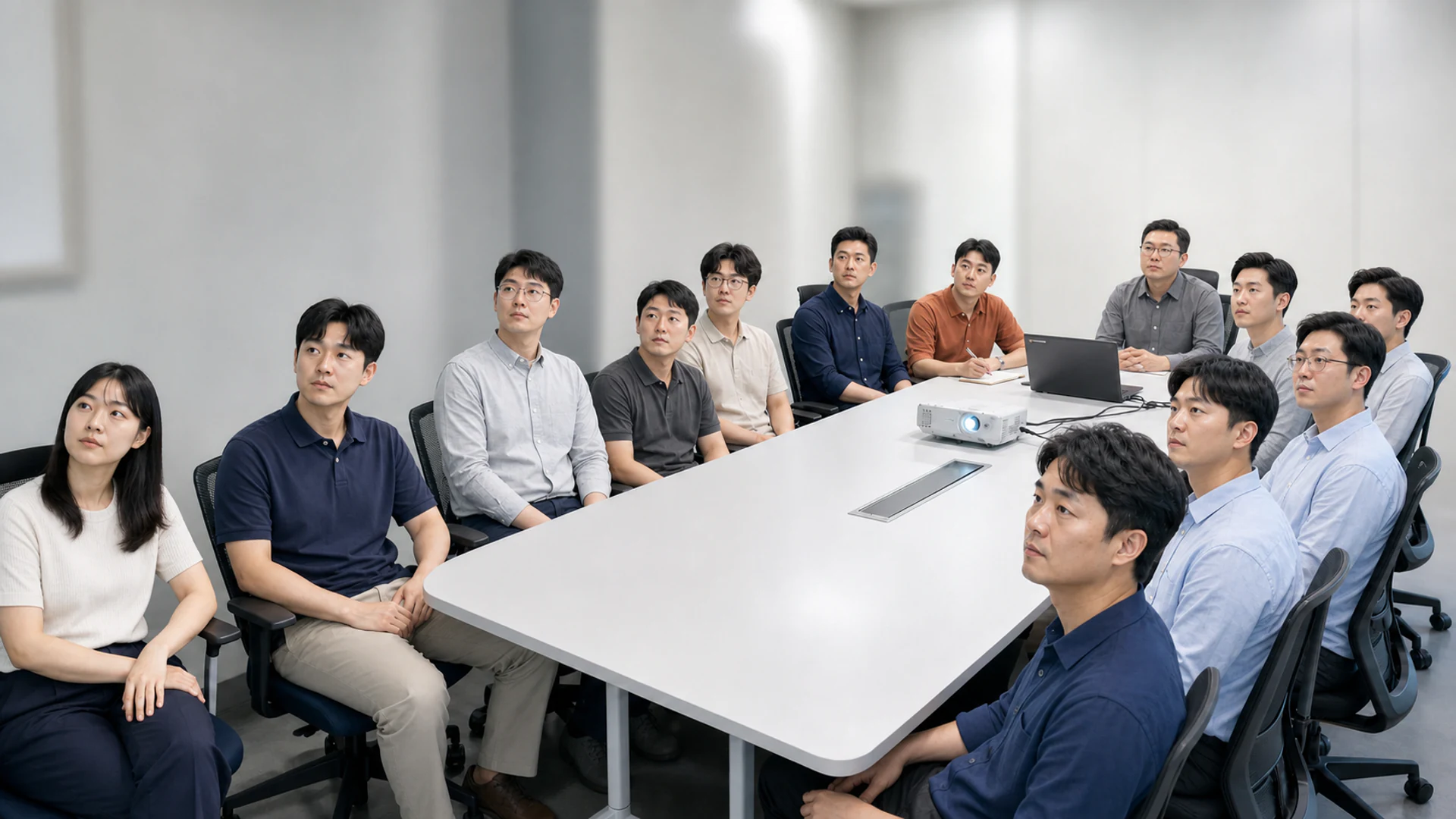 자유로운 복장의 현장 구성원들이 소회의실에서 특별안전교육을 듣는 모습
