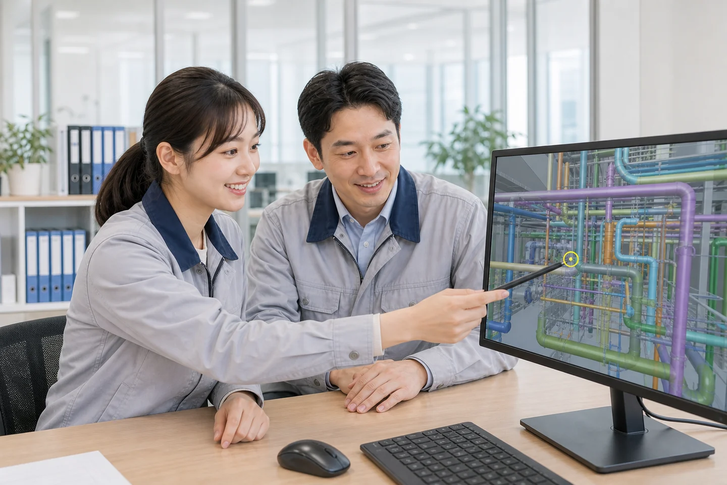 가상의 여성 품질관리 담당자가 현장에 들어가기 전 사무 공간에서 익명 3D 배관 MAP의 검사 위치를 표시하는 연출 장면