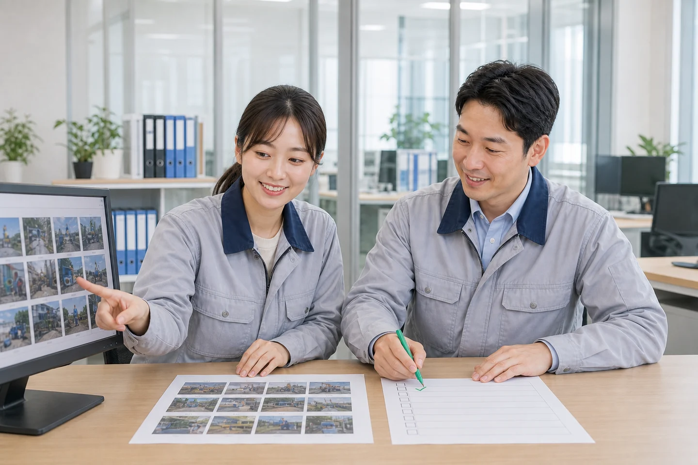 현장 업무를 마친 가상의 여성 품질관리 담당자가 사무실에서 일반 실무복을 입고 감리 담당자와 사진·체크리스트·검측 자료 묶음을 확인하는 연출 장면