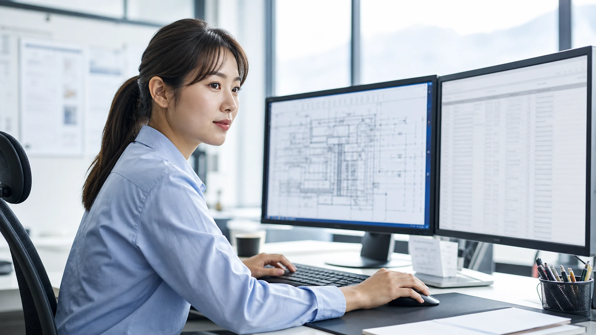 익명화된 두 화면의 물량 정보를 비교하는 가상의 정산 업무 장면