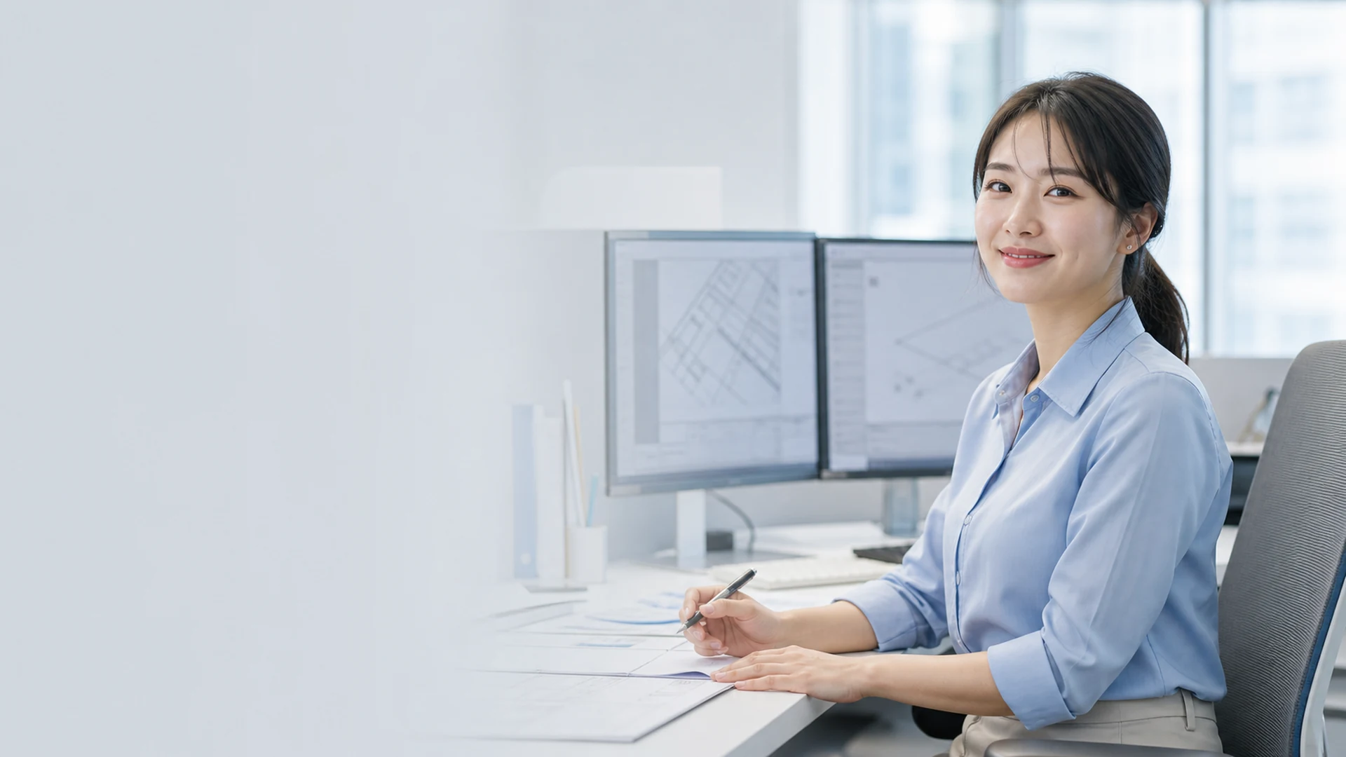 밝은 사무실에서 도면과 공정 자료를 검토하는 가상의 정산 담당자